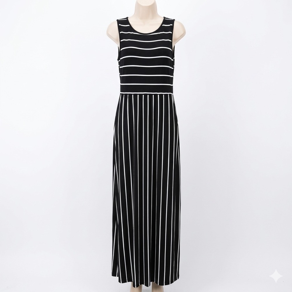 Classic Sleeveless‎ Striped Flowy Maxi Dress Sz Med Pockets Fairy Summer Casual